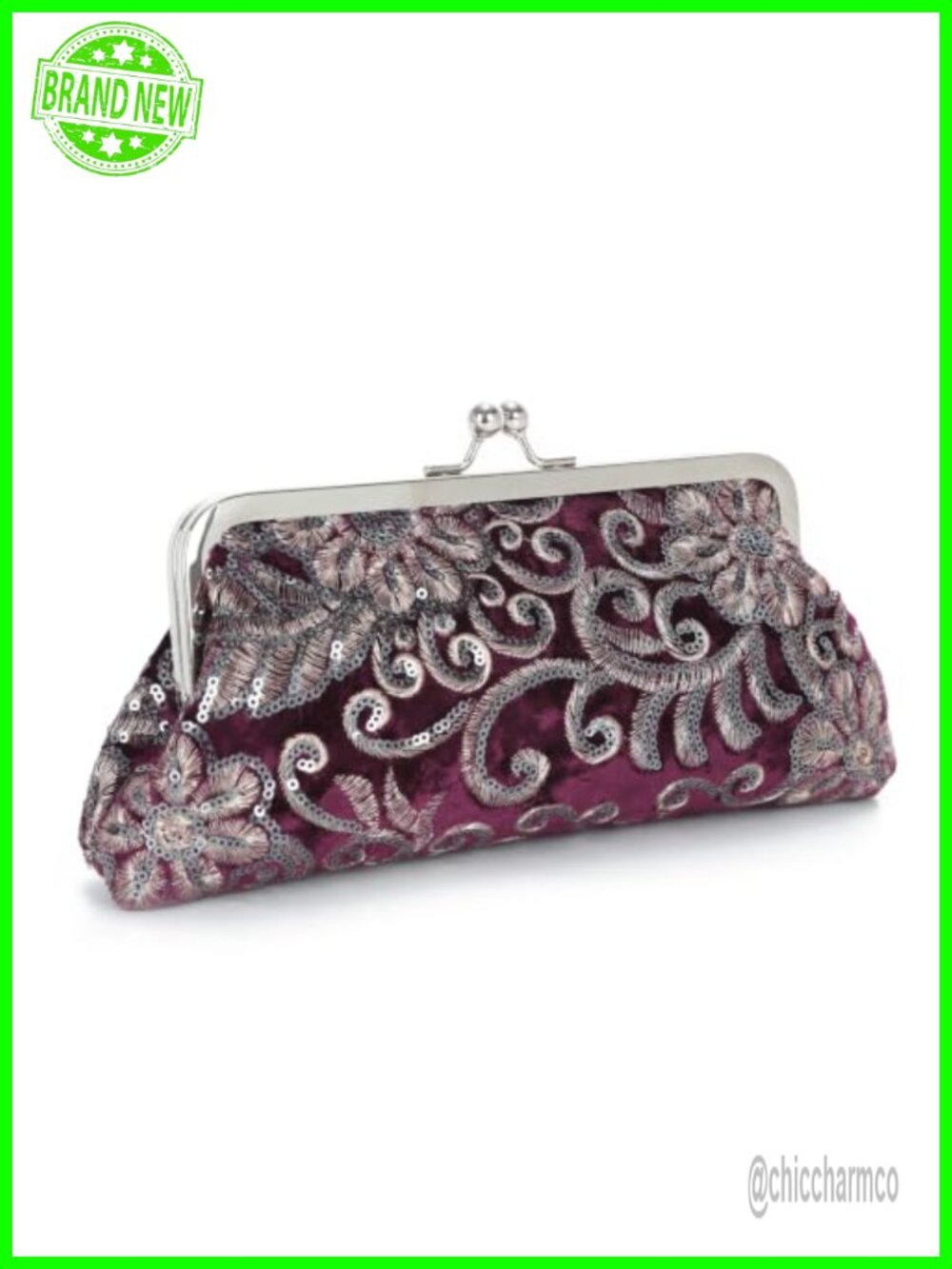 Vintage Floral Embroidery Sequin Clutch Purse Kiss Lock Evening Bag with Chain